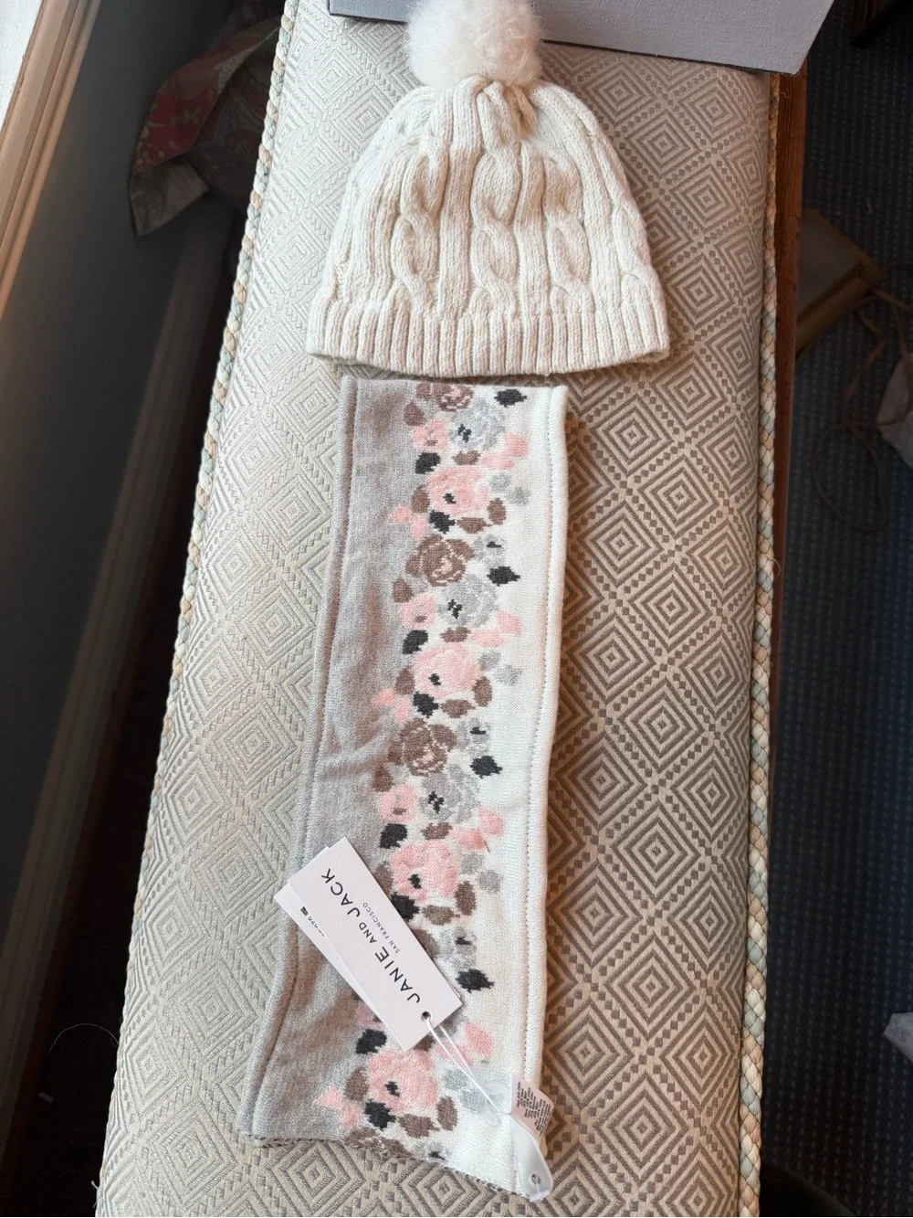 Janie & Jack Cream Cable Knit Pom Hat and Floral Scarf Janie & Jack